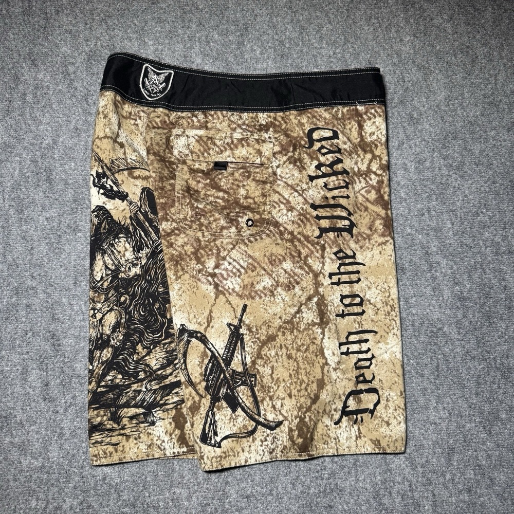 Apprime Appreme Board Shorts Tan Death to the Wicked Horsemen Gun Graphic Medium - Picture 11 of 16